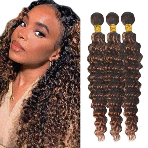 Giginger Bundles Human Hair Deep Wave Human Hair Bundles 26 28 30 Inch Brazilian Chocolate Brown Highlight P4/30 Unprocessed Quick Weave Soft Sewn In Hair Extensions for Black Women