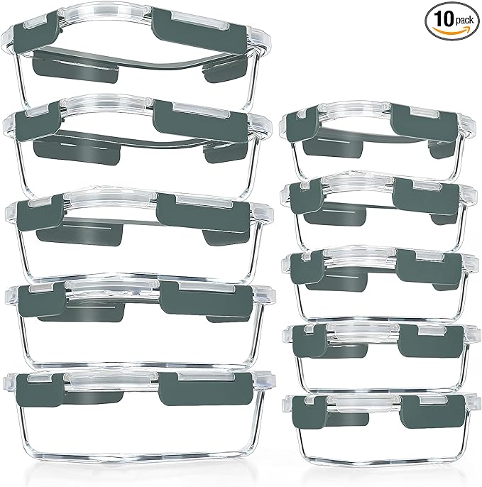 VERONES 10 Pack Glass Meal Prep Containers, Airtight Glass Lunch Containers, Stackable Glass Food Storage Containers Set with Lids,BPA-Free, for Microwave, Oven, Freezer & Dishwasher Friendly,Grey