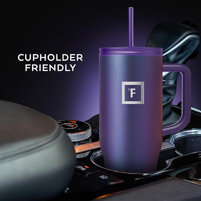 IRON °FLASK Co-Pilot Insulated Mug w/Straw & Flip Cap Lids - Cup Holder Bottle for Hot, Cold Drink - Leak-Proof - Water, Coffee Portable Travel Mug - Cashmere Cream, 40 Oz