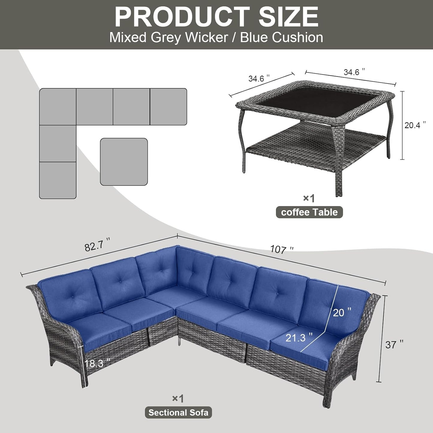 Outdoor Furniture Sectional Sofa L Shaped Couch - Patio Wicker Furniture Set with Coffee Table, 3 Piece Rattan Patio Conversation Sets with Blue Cushion for Deck Backyard Sunroom