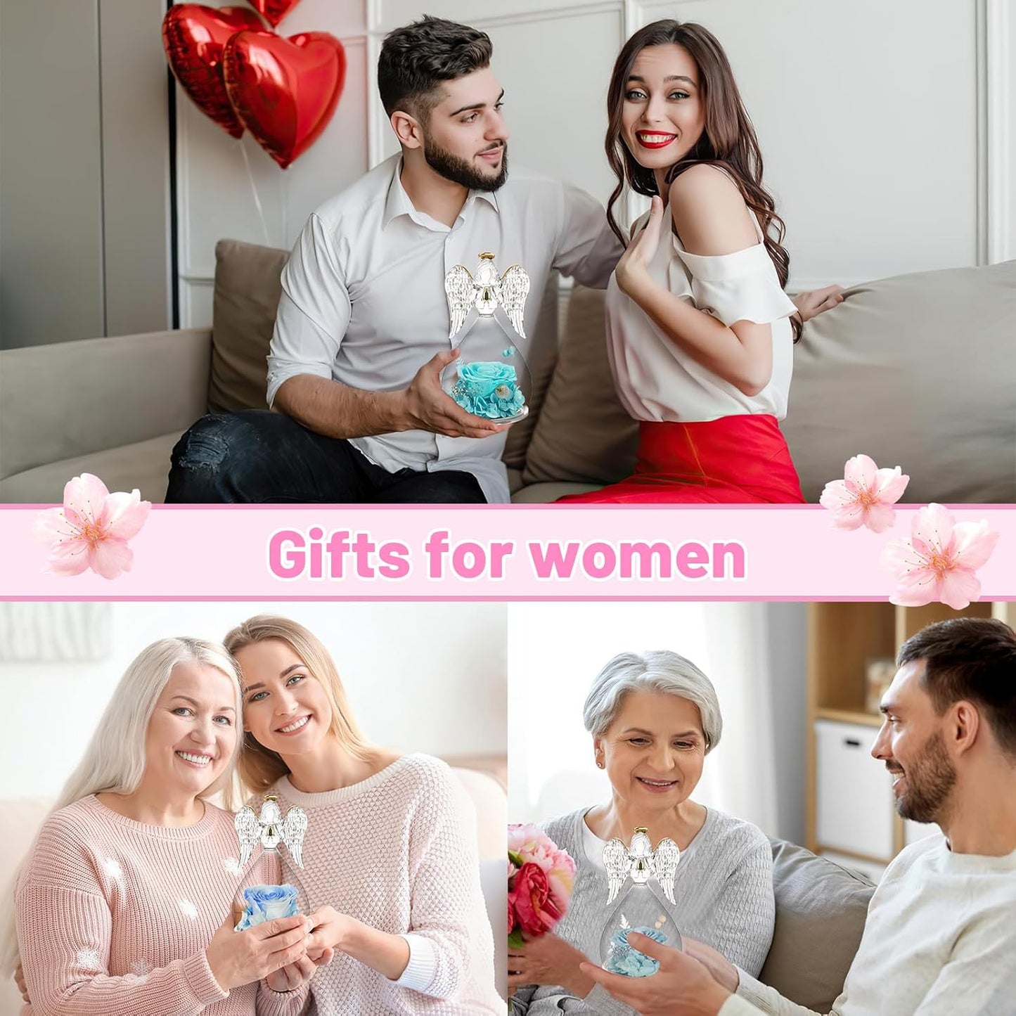 Yamonic Mom Birthday Gifts for Mom, Glass Angel Figurines with Real Rose Gifts for Her Moms Grandma,Preserved Flowers Rose Angel Figurines for Mothers Day Christmas Anniversary Birthday Gifts for Her