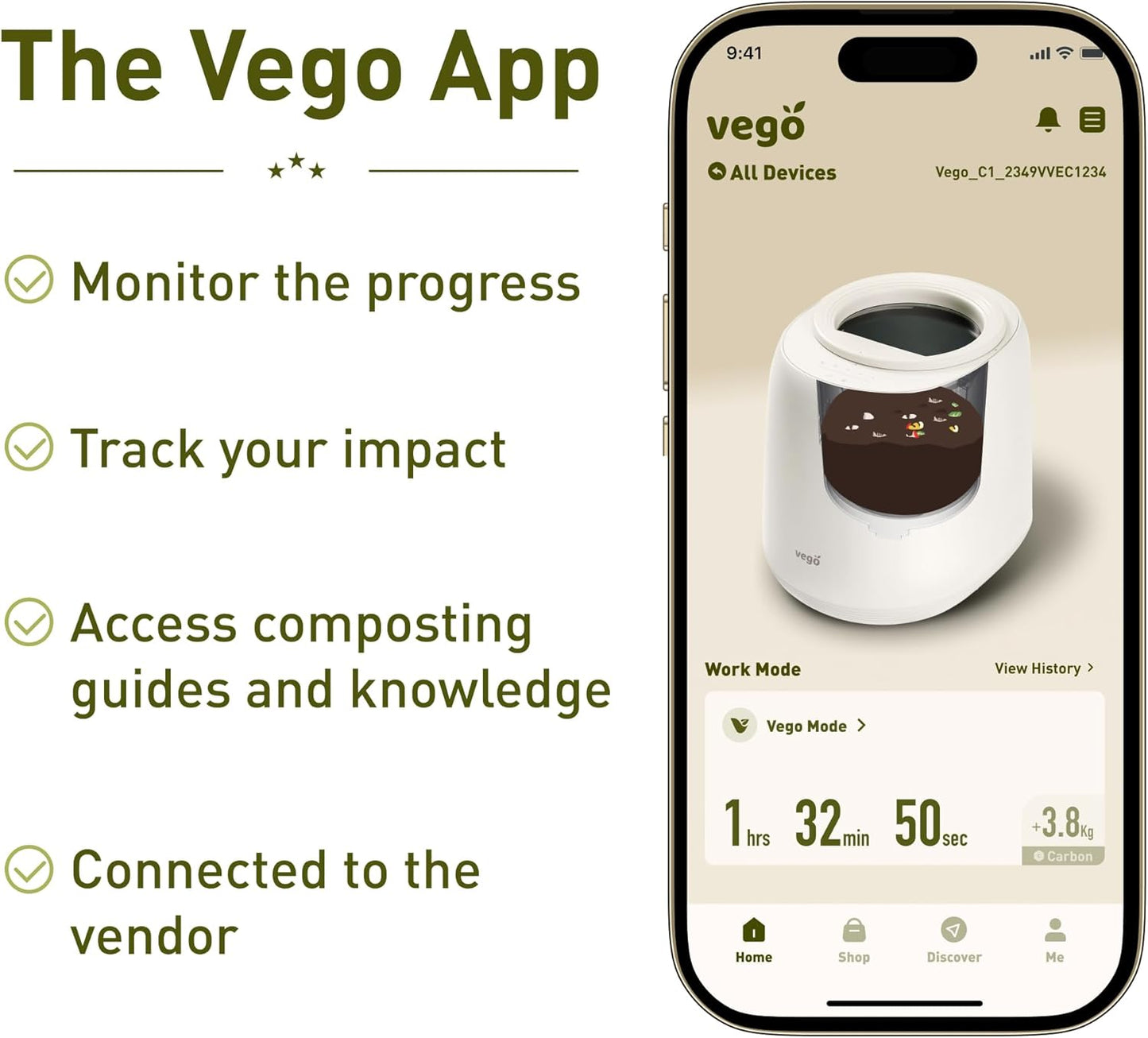 Vego Kitchen Composter, 4L Electric Composter Countertop 5 Modes Weight-Based Smart Compost Bin with App Odorless Auto-Cleaning Food Waste Compost Machine Indoor, White