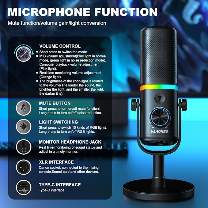 Aokeo Microphone for PC, AK-10 USB/XLR Dynamic Desktop Microphone for Gaming,Podcast,Streaming with RGB Light,Volume Control,Mute Button,Noise Reduction(White)