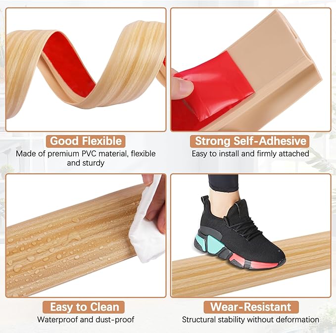 Vinyl Door Threshold Flooring Transition Strip Self Adhesive Carpet Edging Strip for Laminate Doorway Edge Threshold from 2/5" to 3/5" (Light Yellow Wood Grain, 6.6 Ft)