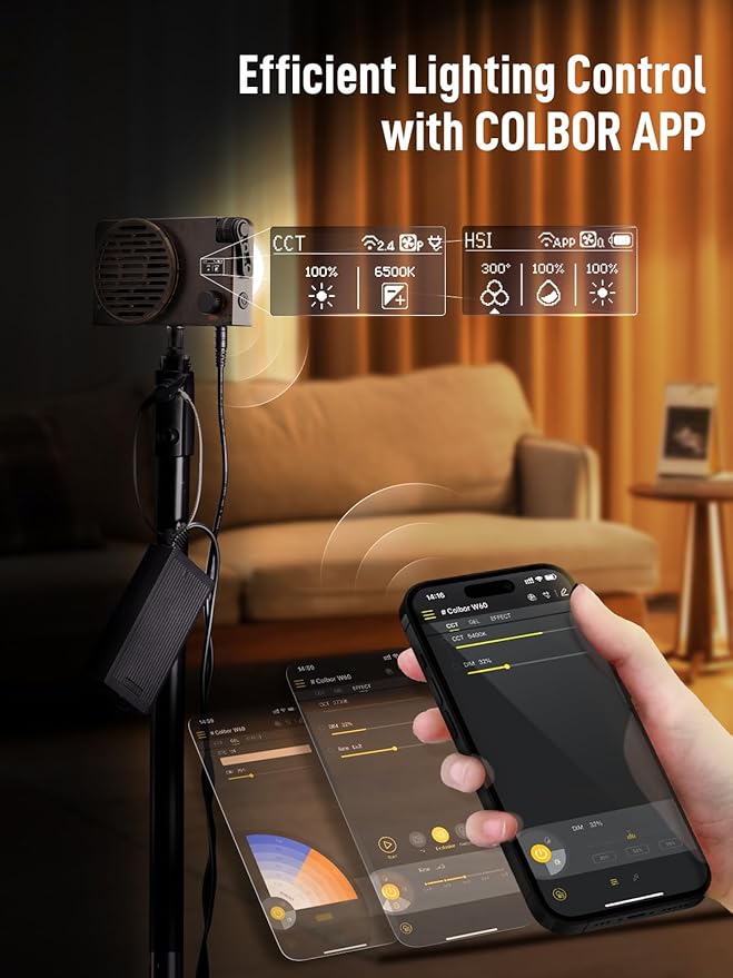 COLBOR W60 Video Light, 60W 2700K-6500K Bi-Color Pocket Continuous Output Lighting with LED Screen 3 Powering Options APP Control for Filmmaking Live Streaming