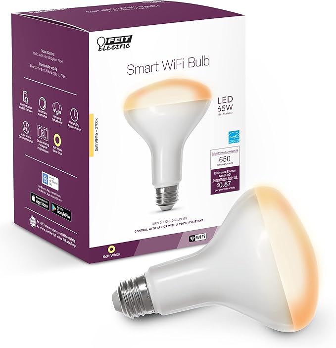 Feit Electric BR30/927CA/AG 65W Equivalent WiFi Dimmable, No Hub Required, Alexa Google Assistant BR30 Smart LED Light Bulb, 5" H x 3.72" D, 2700K Soft White