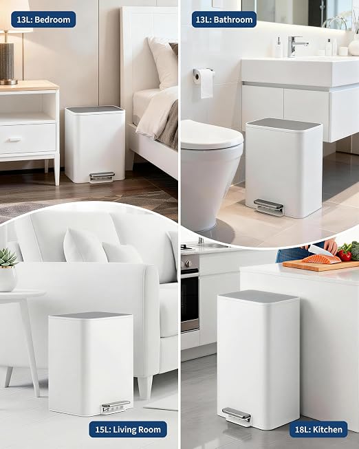 4 Gallon/15 Liter Trash Can, Stainless Steel Step Garbage Can with Quiet Soft-Close Lid, Foot Pedal & Removable Inner Bucket, Rectangular Trash Bin for for Living Room Home Office, White