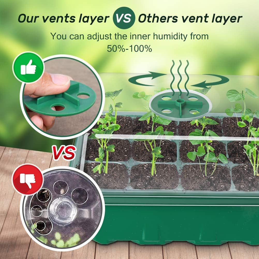 Bonviee 5-Pack Seed Starter Trays, Seed Starter Kit with Adjustable Humidity Dome and Base Indoor Greenhouse Mini Propagator for Seeds Growing Starting (12 Cells Per Tray, Green)