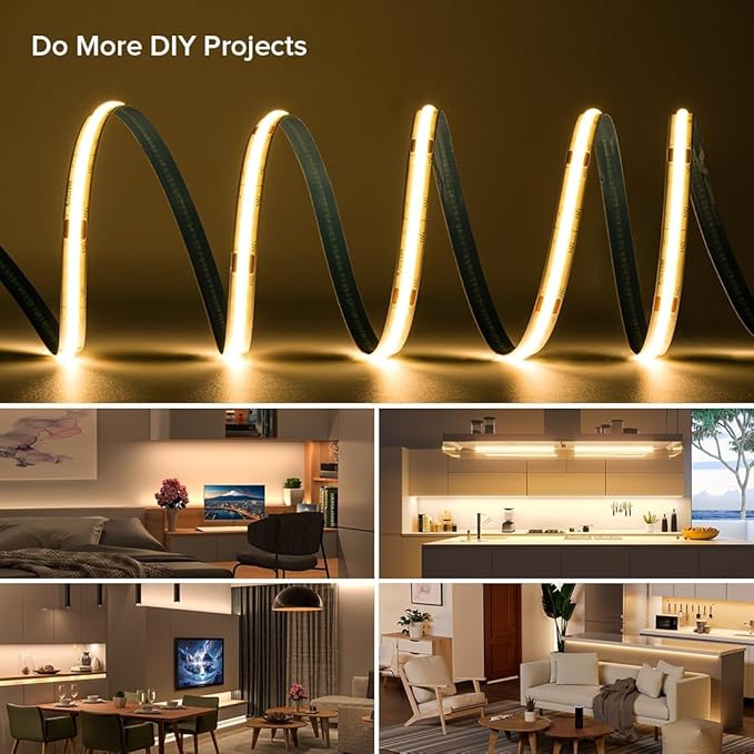 16.4FT IP65 Waterproof COB LED Strip 3000K 480LEDs/m Flexible High Density Uniform Bright LED Lights 9W/m, Dimmable 8mm DC24V COB Strips for Home Indoor Decoration, NO Power and Controller