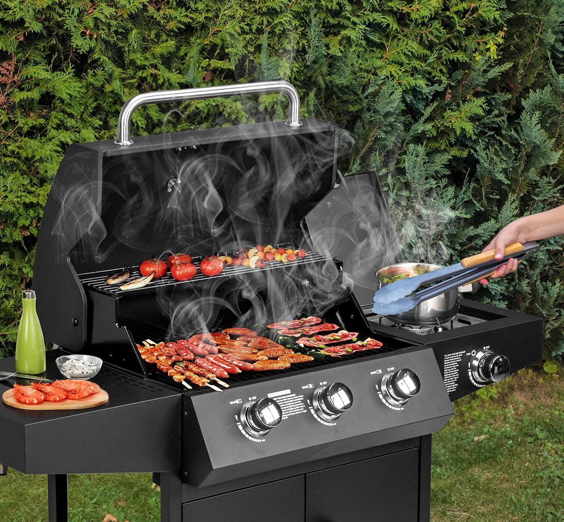 ROVSUN 3-Burner Propane Gas BBQ Grill with Side Burner & Enameled Cast Iron Grates, 46,000 BTU Barbecue Grill with Wheels for Outdoor Patio Backyard Cooking Grilling, Black