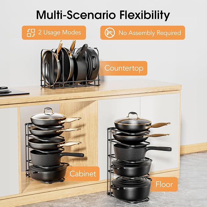 ORDORA 2 Pack Pots and Pans Organizer under Cabinet 13.58" Tall, 5-Tier Pan Organizers inside Cabinet, Space Saving Kitchen Storage Pot Rack for Baking Pan Cast Iron Skillets Cookware - No Assembly