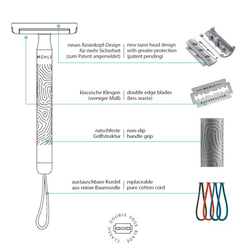 MÜHLE Companion 5-Piece Shaving Set - Unisex Safety Razor with Grey Cord, Blade, Cream, Cloth - Vegan, Sustainable