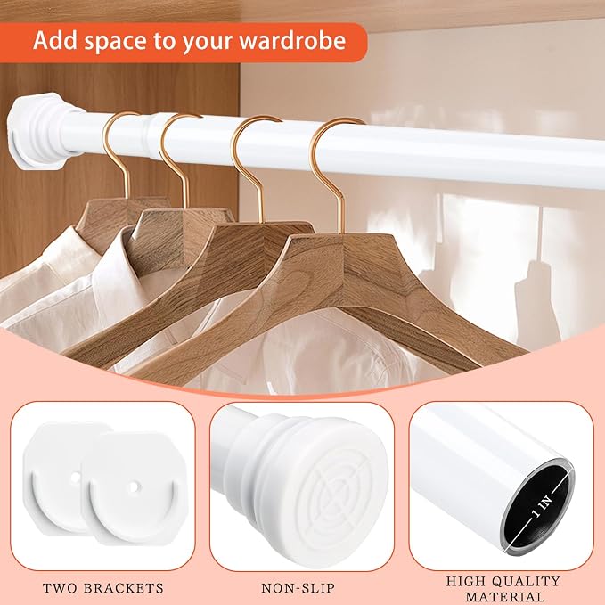Closet Rods for Hanging Clothes, White Closet Rod 30-76 Inch Adjustable Clothes Hanging Bar Shower Curtain Rods for Closet, Wardrobes, Bathroom, Windows, with No Drilling Holder