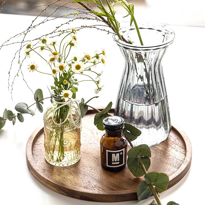 11.5 Inches Candle Holder Tray Home Decor, Round Wood Tray for Coffee Table, Small Wooden Serving Decorative Trays for Home