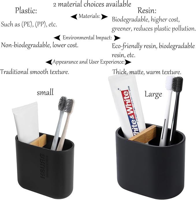 rejomiik Thick Resin Toothbrush Holders Bamboo Tooth Brushing Holder for Bathroom Countertop, Tooth Brush Storage Organizer Stand for Holds Toiletries and Beauty Accessories, Toothpaste, Razor, Black