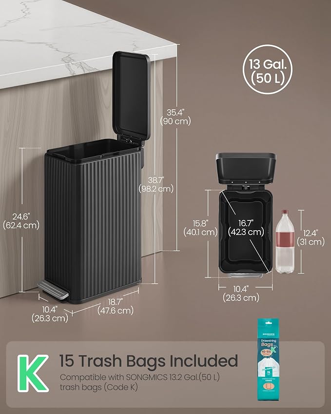 SONGMICS Trash Can, 13 Gallon (50 L) Slim Garbage Can for Kitchen, with Soft-Close Lid, Pedal, Removable Inner Bucket, Stainless Steel, 15 Trash Bags, Space-Saving, Ink Black ULTB350BZ01