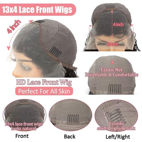 RENUS 16 Inch Short Bob Wigs 13x4 Deep Wave Bob Wig Human Hair 220% Density Deep Curly 100% Virgin Human Hair Pre Plucked Wet and Wavy Glueless Transparent Lace Frontal Wig for Women Natural Hairline