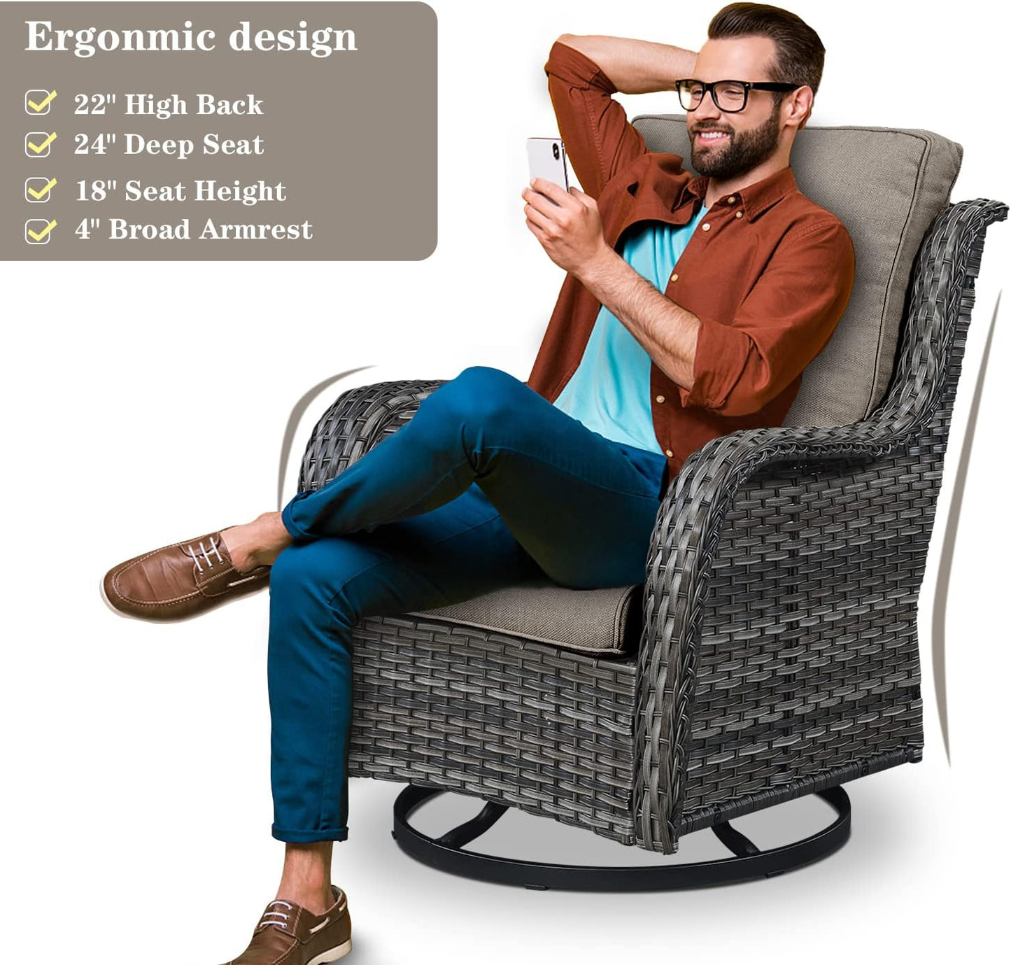 5 Pieces Patio Furniture Sets Wicker Outdoor Furniture, Rattan Patio Swivel Glider Chairs with 2 Ottoman and Glass Side Table