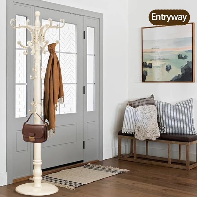 Coat Rack Freestanding, Wooden Coat Tree with Stable Round Base, Vintage Heavy Duty Coat Rack Stand with 14 Hooks, Coat Hanger Stand for Bedroom, Office, Entryway (Ivory)