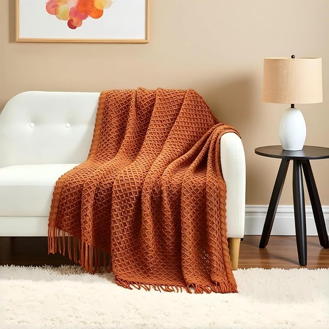 CREVENT Farmhouse Boho Knitted Throw Blanket for Couch Sofa Chair Bed Home Decoration, Soft Warm Cozy Light Weight for Spring Summer Fall (60''X80'' Caramel/Rust Burnt Orange)