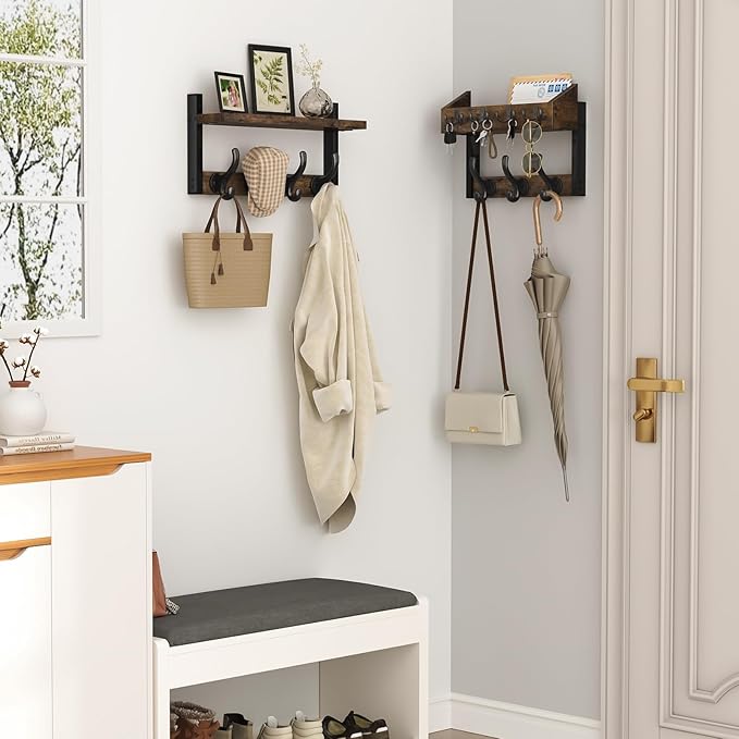 Evermagin 29" Coat Rack Wall Mount with Shelf, 4 in 1 Coat and Key Hanger with 11 Metal Hooks, Entryway Wall Mounted Shelf with Mail Holder for Living Room, Bedroom, Rustic Brown