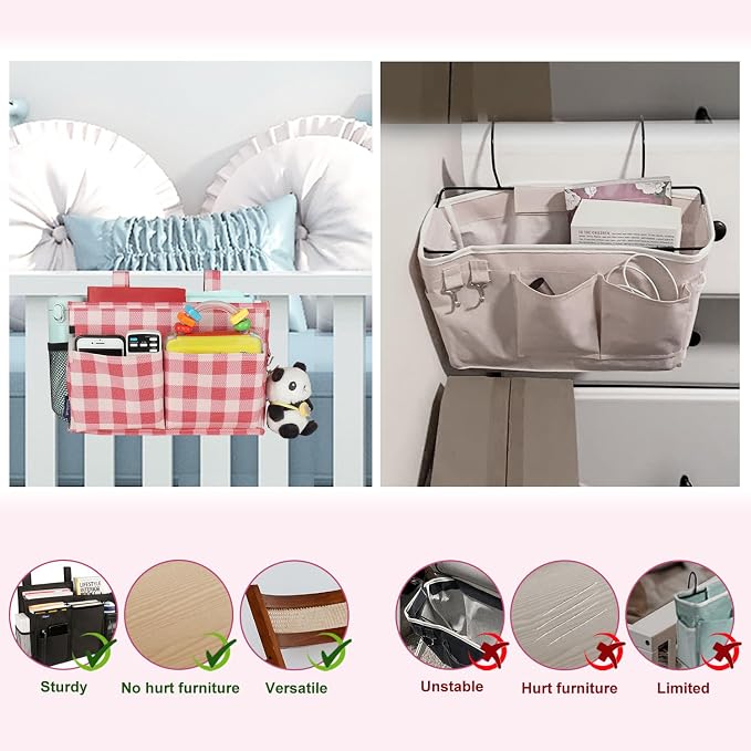 Surblue Bedside Caddy Hanging Bed Organizer Storage Bag Pocket for Bunk and Hospital Beds, College Dorm Rooms Baby Bed Rails, Camp 4 Pockets and 2 Hooks (Small,Red Plaid)