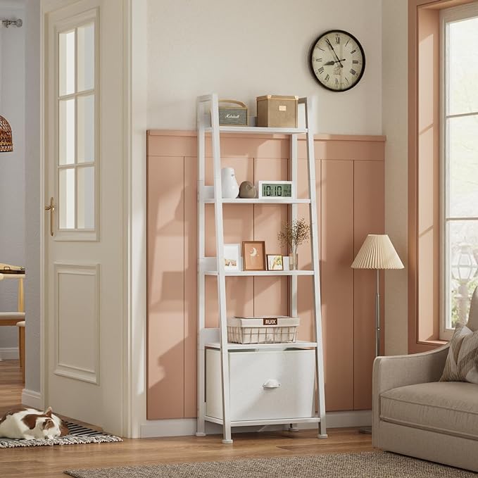 Furologee 5-Tier White Ladder Shelf, Ladder Bookshelf with Removable Drawer, Mordern Bookcase Storage Rack Organizer, Wood Metal Freestanding Storage Shelves for Living Room, Home Office, Bedroom