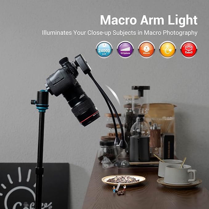 JJC 10-Level Brightness LED Macro Arm Light, CRI 95+ 5600K Macro Photography Lighting with USB-C Charging for Canon Nikon Sony Olympus Pentax DSLR Camera for Insert Plant Jewelry Close Up Shooting
