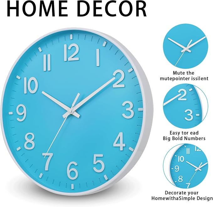 HZDHCLH Wall Clocks Battery Operated,Wall Clock Blue and White 8 inch Wall Clock Silent Non Ticking Modern 3D Numbers for Office Kitchen Classroom Bedroom Living Room Decor