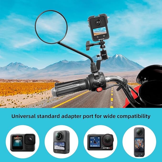 PULUZ Aluminum Motorcycle Rearview Mirror Mount Bracket Holder Compatible with Gopro Hero 13/12/11/10/9/8, DJI Osmo and Insta360 Action Cameras