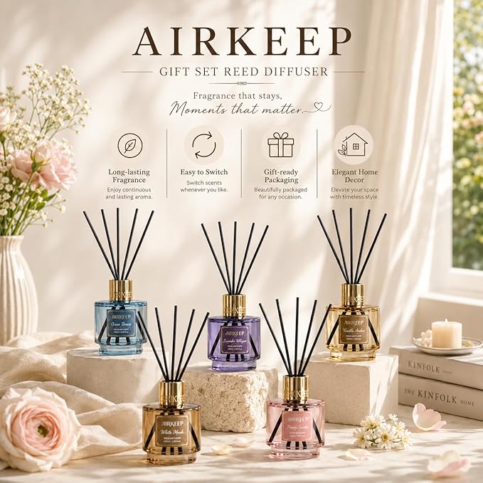 Airkeep Reed Diffuser Set with Refill & 8 Reed Sticks, 6.96 fl oz Ocean Air Home Fragrance, Long Lasting Aromatherapy Diffuser for Bedroom, Bathroom & Living Room