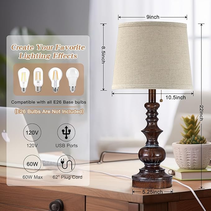 Drawealth Vintage Bedside Table Lamps Set of 2 for Bedroom Nightstand Lamps with USB Charging Ports Rustic Farmhouse Small Table Lamp for Living Room End Tables Brown Wooden Finish, Pull Chain