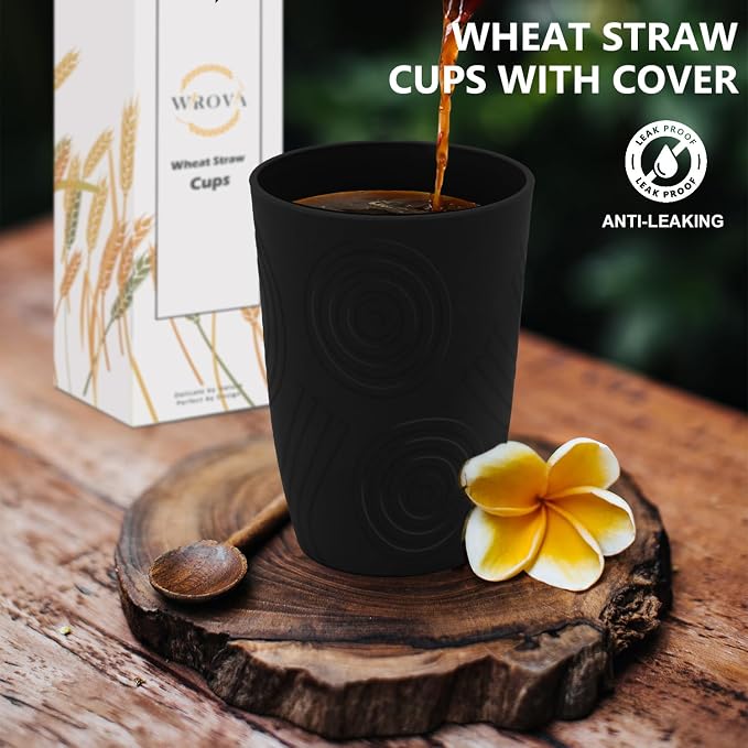 Wrova Wheat Straw Cups 16oz Set of 8 with Silicone Covers - Alternative Plastic Cups Reusable- Microwave & Dishwasher Safe - Unbreakable Plastic Drinking Cups for Camping - Black