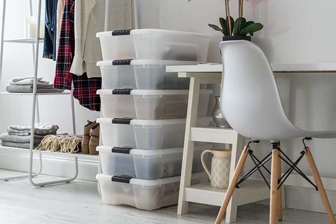 IRIS USA 27 Qt Stackable Plastic Storage Bins with Lids, 6 Pack - BPA-Free, Made in USA - Discreet Organizing Solution, Latches, Durable Nestable Containers, Secure Pull Handle - Pearl