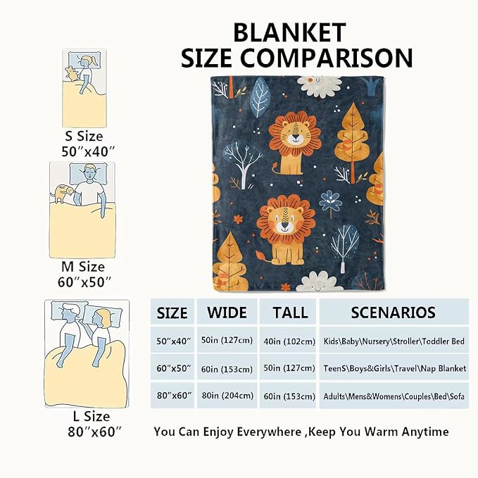 Lion Blanket Cute Cartoon Jungle Tree Throw Blankets,Birthday Gifts for Kids Adult & Animal Lovers,Lightweight Soft Fleece,for Sofa Couch Bed Room Rustic Safari-Themed Decor 60x80in