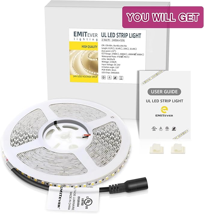 EMITEVER LED Strip Lights Neutral White, 4000K 24V LED Tape Light 16.4ft, UL Listed, Ra 95+, IP30, 2.9W/ft, 240+Lumens/ft, 600LEDS/Spool, UL Listed 5 Year Warranty (Power Supply Sold Separately)