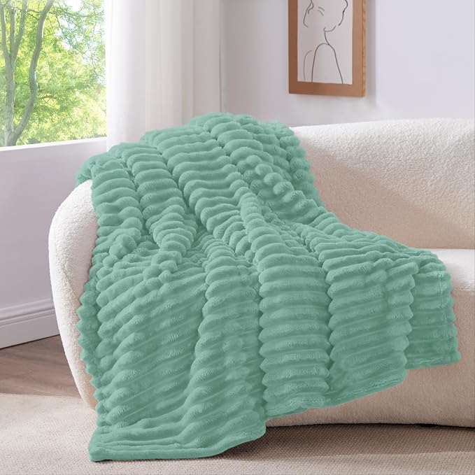 BEDELITE Fleece Throw Blanket for Couch - 300GSM Soft & Warm Fluffy Mint Blue Blanket, Decorative and Giftable Striped Blankets for Women, Men, 50"x60"
