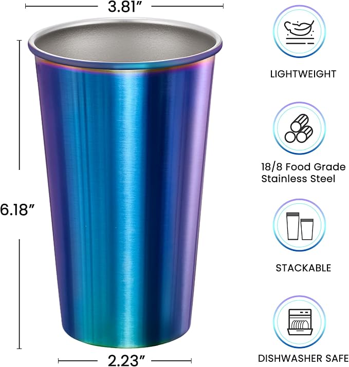MEWAY 4 Pack 24oz Stainless Steel Pint Cup,Healthy Unbreakable and Stackable,Metal Drinking Glasses，Beer Glasses（Rainbow）