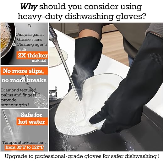 Heavy-Duty Thick Black Rubber Cleaning Gloves, 2 Pairs, XL | Reusable & waterproof black/orange dual layers. Non-slip design for dishwashing, kitchen cleaning, and auto care.