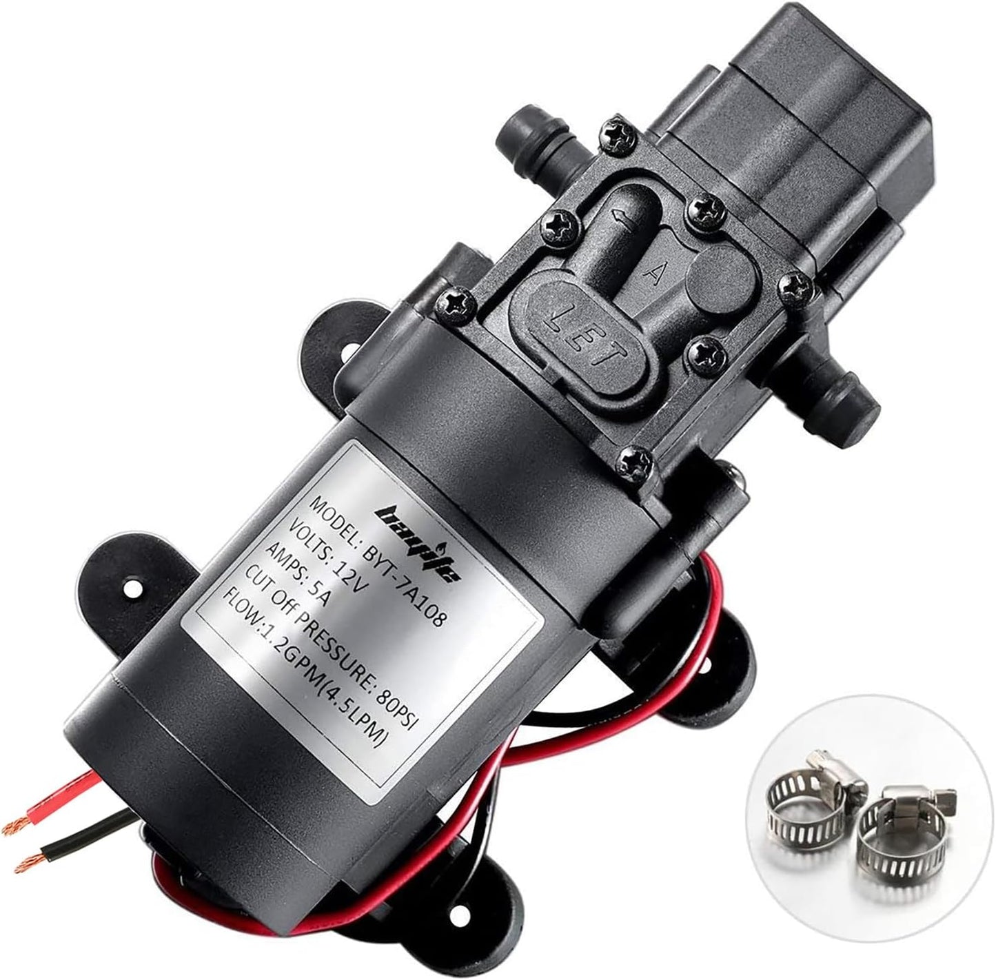 bayite 12V DC Water Transfer Pump with 2 Hose Clamps 12 Volt Diaphragm Pump Self Priming Sprayer Pump with Pressure Switch 4.5 L/Min 1.2 GPM 80 PSI for Weed ATV Marine Boat