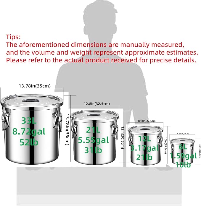 304 stainless steel food storage containers with lids lock clips airtight container large airtight for rice flour sugar grain coffee bean storage containers Kitchen jar (5.55gal/21L)