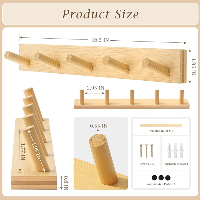 Coat Rack Wall Mount, Wooden Coat Hanger with 5 Hooks, Heavy Duty, Natural, 1 Pcs