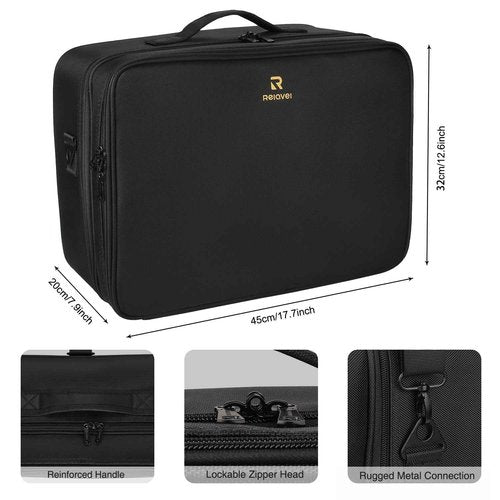 MONSITNA Extra Large Makeup Case 17 Inch Super Large Capacity Travel Makeup Train Case Professional Makeup Artist Case Nail Polish Organizer Storage Box with Two Adjustable Shoulder Strap (Black)