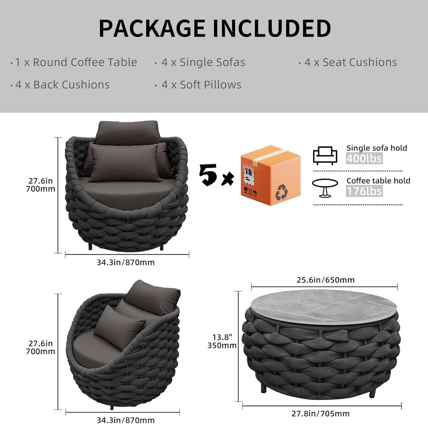 TWT 5-Piece Aluminum Patio Furniture Set, Outdoor Armchairs with Coffee Table, Metal Sofa Set for Deck, Porch, Balcony, Indoor, Dark Grey