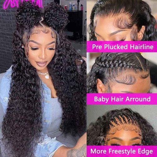13x4 Lace Front Wigs Human Hair Pre Plucked 180 Density Brazilian Wet and Wavy Human Hair Wigs for Black Women Glueless Curly Lace Frontal Wig Natural Color (22 Inch)