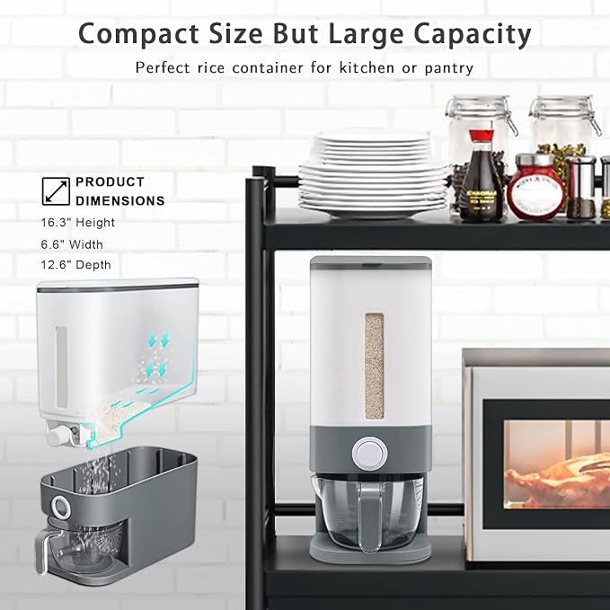 Lenwi 22-25 Lbs Rice Dispenser, Large Cereal Dry Food Storage Containers with Measuring Cup,BPA-Free Household for Kitchen Pantry Organization-Grey
