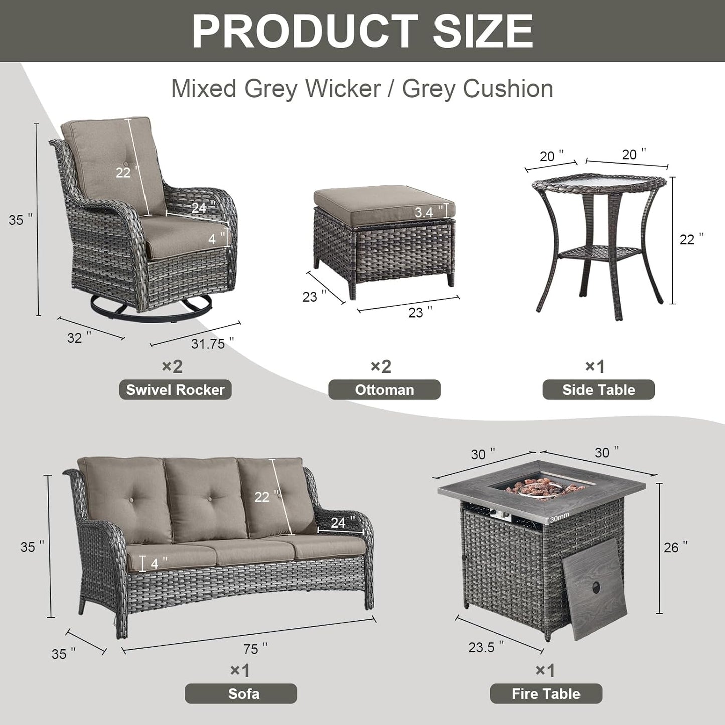 Outdoor Patio Furniture Set with 50000BTU Propane Fire Pit Table, 7 Pieces Wicker Patio Conversation Set with 2 Swivel Glider Rocker Chair Rattan Sofa Grey Cushion Perfect for Casual Gathering