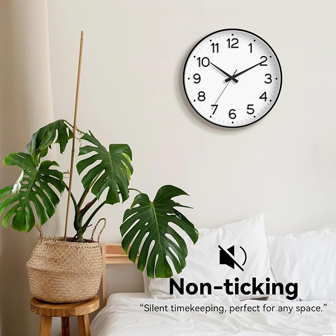 Roymnie Wall Clock 10 Inch Silent Wall Clocks Battery Operated-Modern Non Ticking Analog Clock Decorative for Kitchen Bedroom Office (Black)