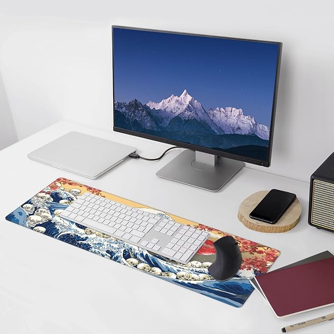 Japanese Waves Skull Mouse Pad Extended Large Gaming Mouse Pad XL Stitched Edges for Gamer Home Office 31.5 X 11.8 Inch