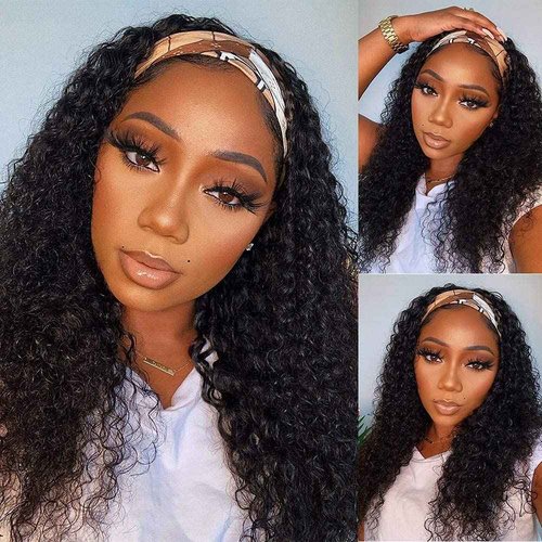 Headband Wig Human Hair Kinky Curly 26 inch None Lace Front Wig Human Hair Machine Made Wigs Glueless Curly Hair Headband Half Wigs for Black Women Human Hair Natural Color